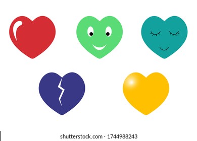 Set of colored hearts with highlights, eyes, emotions, broken. Red, green, blue, violet, yellow heart.