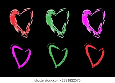set of colored hearts on a black background for social networks, websites and other projects, vector