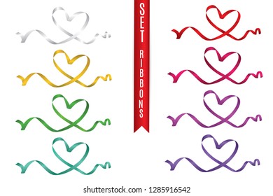 set of colored hearts from ribbons isolated on white background, vector graphics and illustrations.