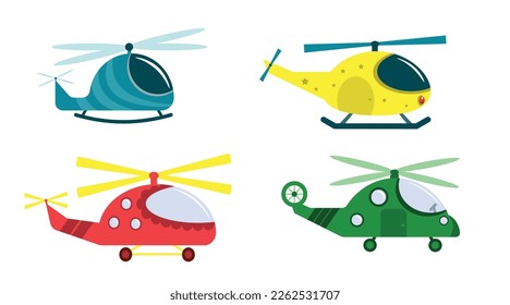 Set of colored helicopters in cartoon style. Vector illustration of blue, yellow, pink and green helicopters isolated on white background.