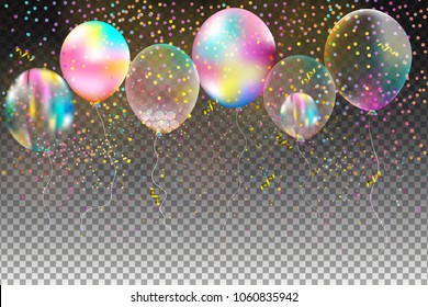 Set of colored helium ball isolated in the air. Celebration background template with balloons, confetti and ribbon on a transparent background. Vector illustration.