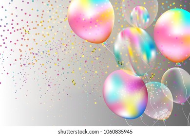 Set of colored helium ball isolated in the air. Celebration background template with balloons, confetti and ribbon on a transparent background. Vector illustration.