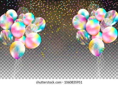 Set of colored helium ball isolated in the air. Celebration background template with balloons, confetti and ribbon on a transparent background. Vector illustration.
