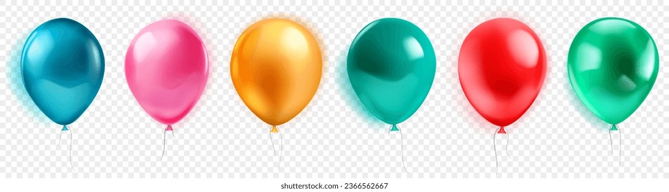 Set of colored helium balloons with glares and shadows on a transparent background