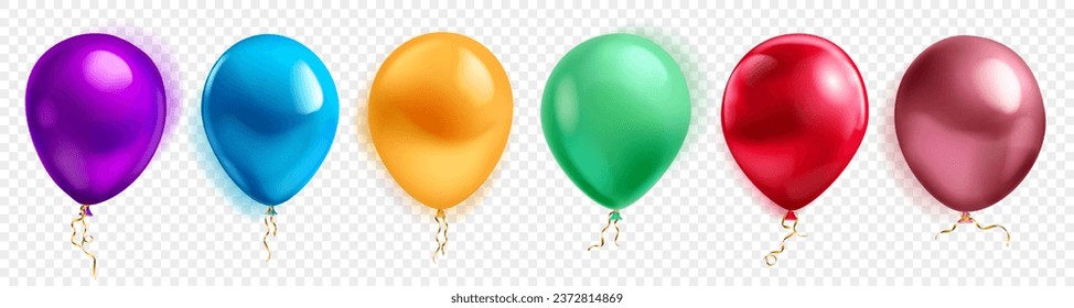 Set of colored helium balloons with glares and shadows on a transparent background