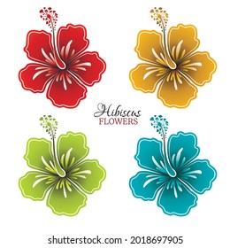 Set of colored hibiscus flowers. Vector illustration.