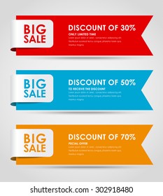 Set of colored horizontal banners for sale with a ribbon. Elements of infographics for posting information. Vector illustration