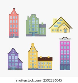 Set of colored house facades on a white background
