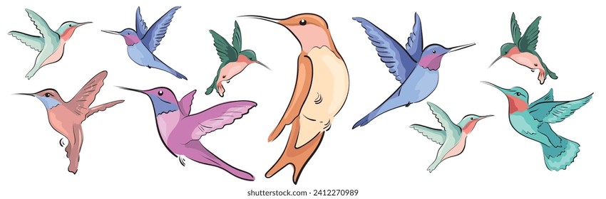 Farbige Kolibris verschiedener Größen und Formen, die mit Linien und Farben gezeichnet werden. Für Design, Dekoration, Hochzeitseinladungen, Karten, Aufkleber.