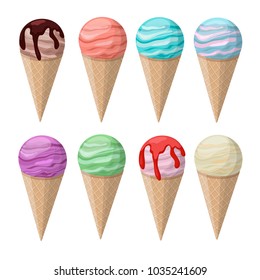 Set of colored ice-cream in waffle cone.