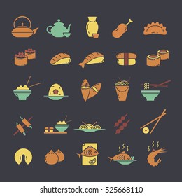 Set of colored icons with Asian food