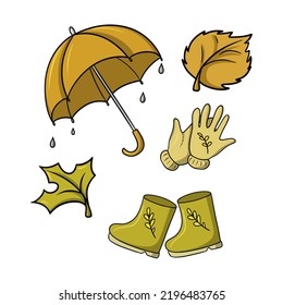 Set of colored icons, autumn walk in the rain, vector illustration in cartoon style on a white background