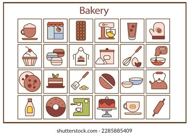 Set of colored icons for a bakery