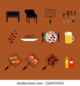 Set of colored icons barbecue on a dark background