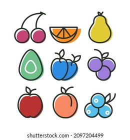 Set of colored icons of berries and fruits. Outline drawing. Symbol. Graphic. Vector. Style. Sketch. Food. Cooking. Garden and vegetable garden. Button.