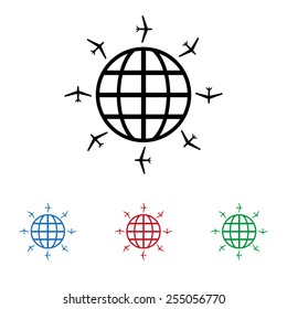 Set of colored icons. Black, blue, red, green.  Fashion Icon aircraft around the world, icon, vector illustration. Flat design style