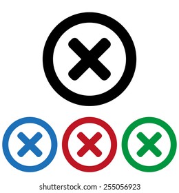 Set of colored icons. Black, blue, red, green.  Delete icon. Cross sign in circle - can be used as symbols of wrong, close, deny etc. icon, vector illustration. Flat design style