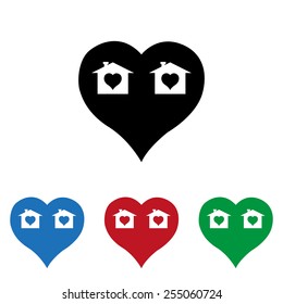 Set of colored icons. Black, blue, red, green.  House with Heart Icon, icon, vector illustration. Flat design style