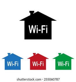 Set of colored icons. Black, blue, red, green.  The house is surrounded by a network wi-fi , icon, vector illustration. Flat design style