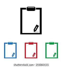 Set of colored icons. Black, blue, red, green.  tablet with paper, icon, vector illustration. Flat design style