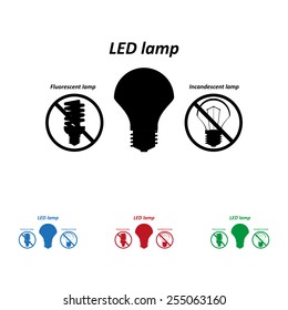 Set of colored icons. Black, blue, red, green.  fluorescent lamp, LED lamp, incandescent bulb, icon, vector illustration. Flat design style