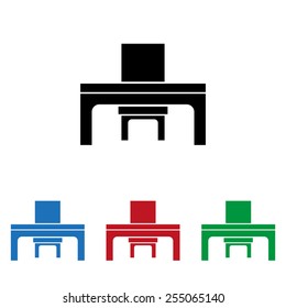 Set of colored icons. Black, blue, red, green.  desk and chair, a table in the office.  icon, vector illustration. Flat design style