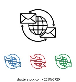 Set of colored icons. Black, blue, red, green.  Internet e-mai, envelope lette, Globe,  icon, vector illustration. Flat design style
