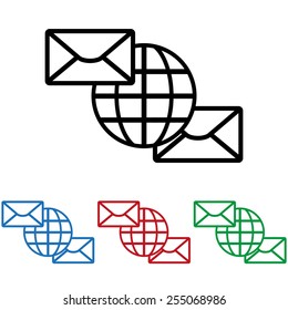 Set of colored icons. Black, blue, red, green.  Internet e-mai, envelope lette, Globe,  icon, vector illustration. Flat design style