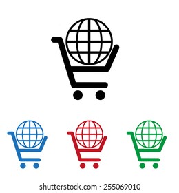 Set of colored icons. Black, blue, red, green.  put in shopping cart, Globe, icon, vector illustration. Flat design style
