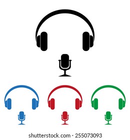 Set of colored icons. Black, blue, red, green.  Headphones. Musical accessory,  icon, vector illustration. Flat design style