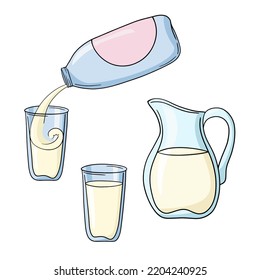 A set of colored icons, a blue plastic bottle with a drink, pour milk into a glass glass, a currant with milk. vector cartoon style