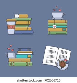 Set of colored icons for book fans. Book stacks, coffee or tea mugs and paper cups. Heart elements as steam, tea tag or cookie. I love to read concept. Vector isolated, linear style.