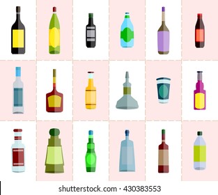 Set of colored icons of bottles / Set of color icons of various drinks (alcoholic and non-alcoholic)