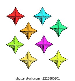 A set of colored icons, bright decorative textured stars, sparks, vector illustration in cartoon style on a white background