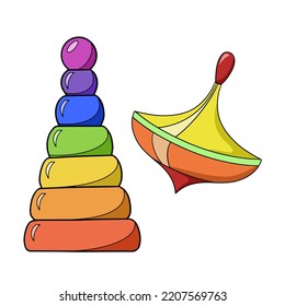 A set of colored icons, bright toys for young children, a spinning top and a pyramid, a vector illustration in cartoon style on a white background