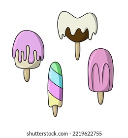 A set of colored icons, Chocolate and fruit ice cream on a stick in the shape of a heart, poured with glaze, vector illustration in cartoon style on a white background