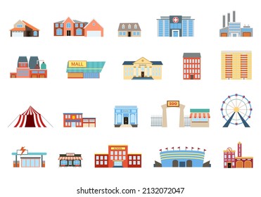 Set of colored icons of city infrastructure buildings. Twenty vector objects isolated on white background