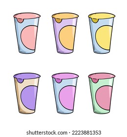 Conjunto de iconos de color, Embalaje plástico cerrado con yogur de fruta, postre, espacio de copia, vector en estilo de dibujos animados sobre un fondo blanco
