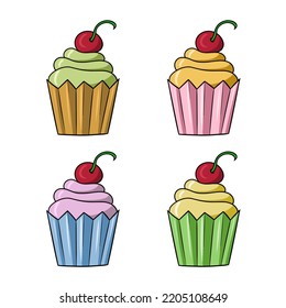 A set of colored icons, colorful delicious cupcakes with delicate fruit cream and cherries, vector illustration in cartoon style on a white background