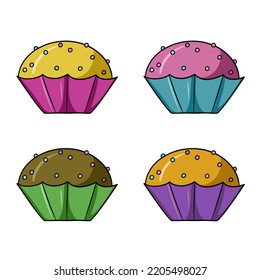 A set of colored icons, colorful delicious cupcakes with different fruit and chocolate cream and sugar crumbs, vector illustration in cartoon style on a white background