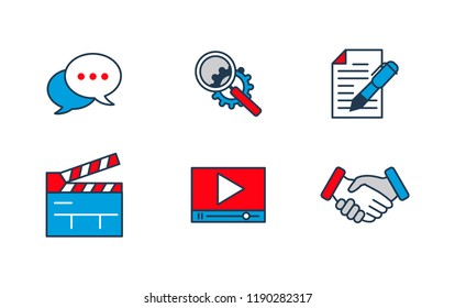 Set of colored icons. Communication, settings, documents, firecracker, rewind, deal. Vector illustration