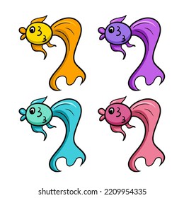 Set of colored icons, Cute aquarium fish with a big tail, vector cartoon illustration on a white background