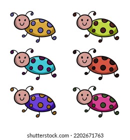 Set of colored icons, cute beetle, colored ladybug, insect, cartoon vector illustration on white background