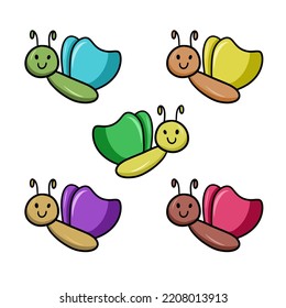 Set of colored icons, Cute little butterfly with wings, vector illustration on a white background