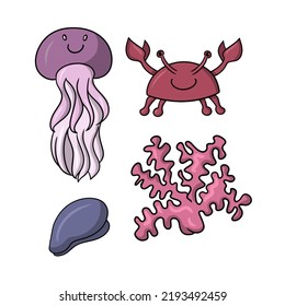 A set of colored icons, cute sea characters, a cheerful crab, coral twigs and a jellyfish, vector illustration in cartoon style on a white background