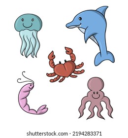 A set of colored icons, cute sea characters, blue dolphin, crab, shrimp and jellyfish, vector illustration in cartoon style on a white background