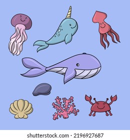 A set of colored icons, cute sea characters, a large whale, a squid and a narwhal, a jellyfish and a crab, a vector illustration in cartoon style on a colored background
