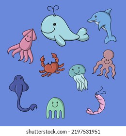 A set of colored icons, cute sea characters, a large whale, a squid and a stingray, a jellyfish, a crab and a shrimp, a vector illustration in cartoon style on a blue background
