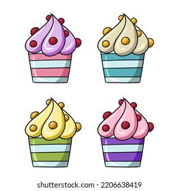 A set of colored icons. Delicious cupcake with sweet delicate cream and berries, vector illustration in cartoon style on a white background