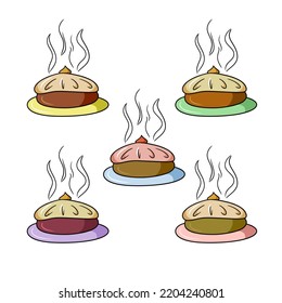 A set of colored icons, Delicious hot autumn pie with fruit filling, pumpkin pie, vector illustration in cartoon style on a white background